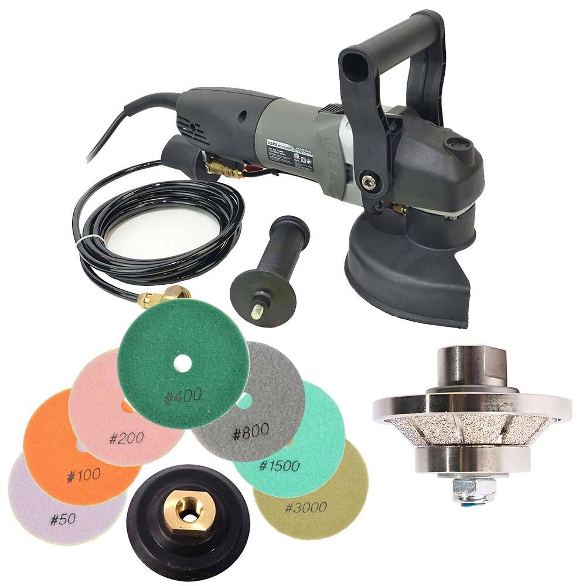 Hardin BRT38BPOLSET VSP5 5 Inch Var Speed Polisher, 45° 3/8 Inch Diamond Profile Wheel and 8 pc 5 Inch Diamond Polishing Pad Set